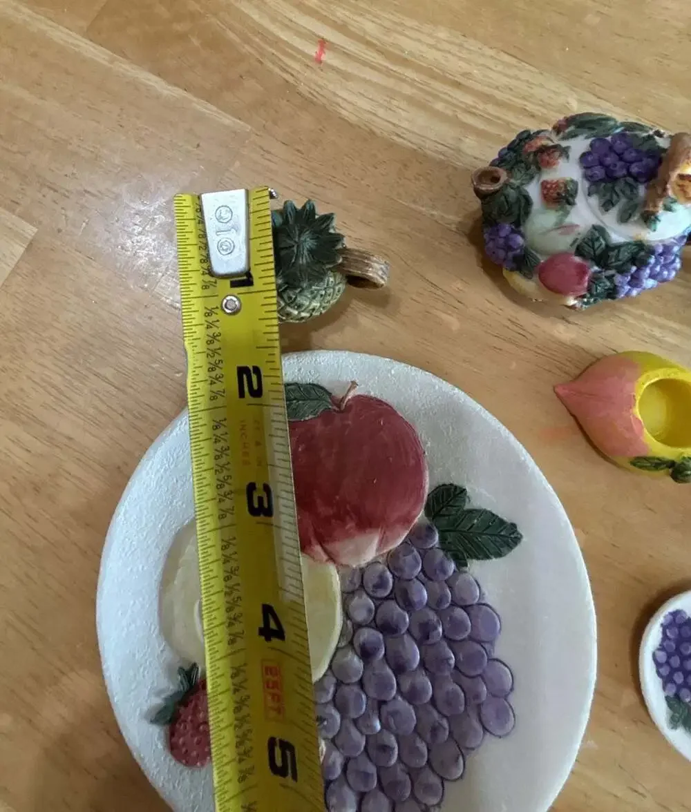 Vintage Miniature Resin Fruit Themed Tea Set Including Teapot, Cups, and Plates